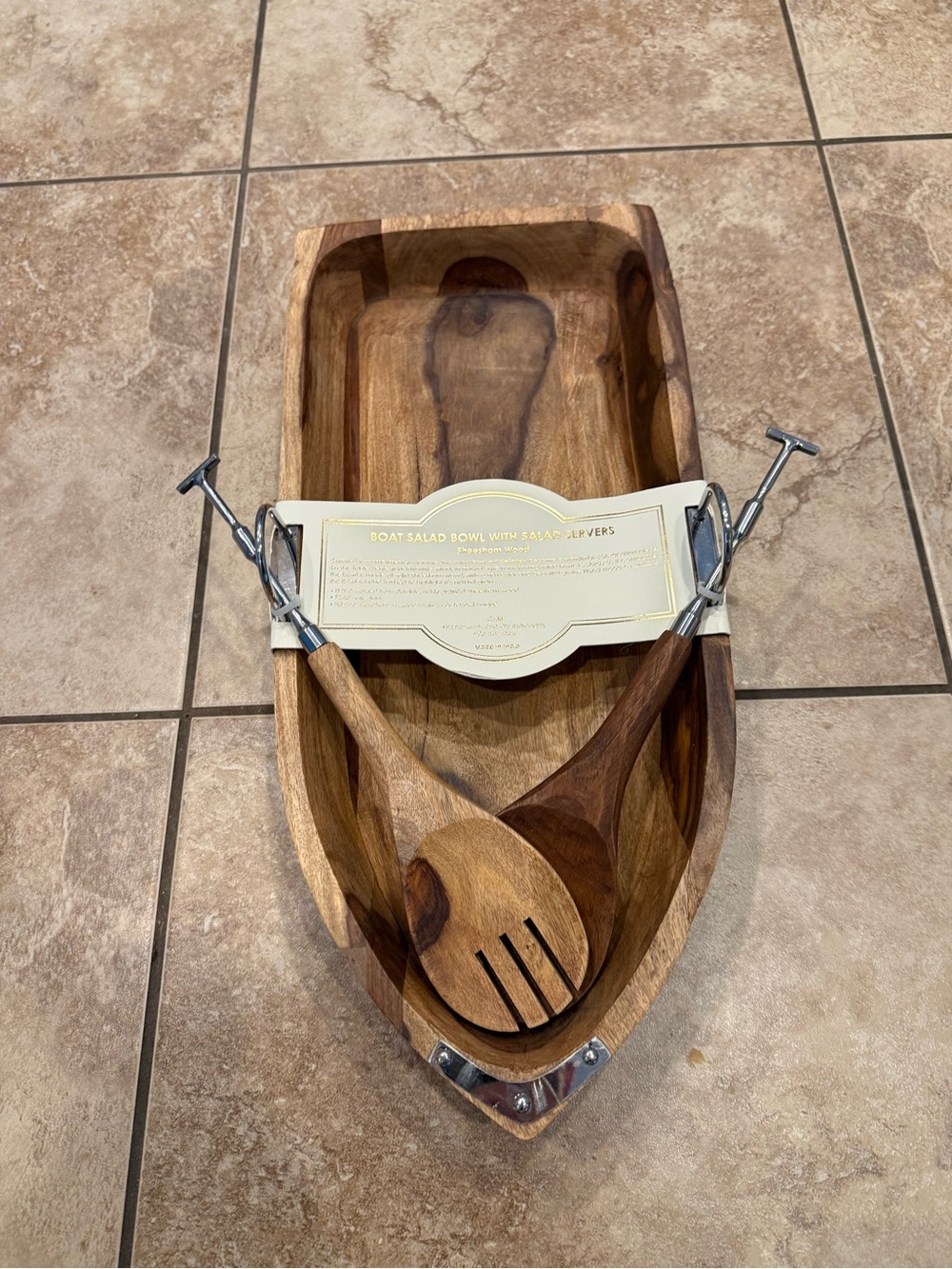 Wooden Boat Salad Bowl with Serving Utensils - Natural Brown